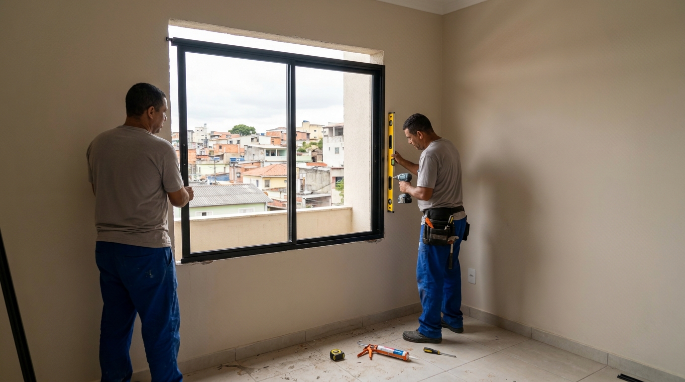 Esquadria de alumínio em quarto bege em Maringá-PR