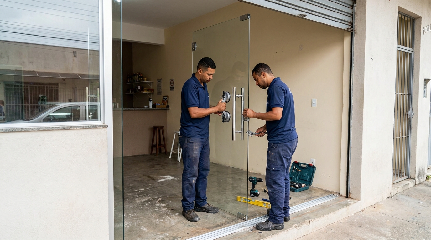 Dupla instalando porta de vidro em loja em Maringá-PR